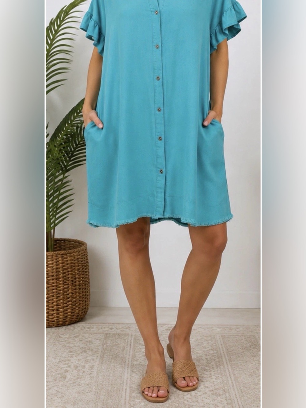 Umgee USA Small Turquoise Button Front Shirt Dress Raw Hem Boho.